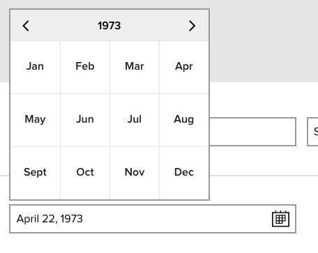 date of birth widget, showing the month