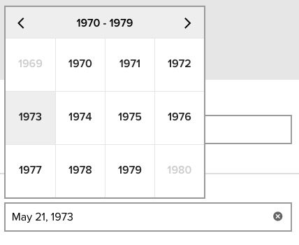 date of birth widget, showing the year