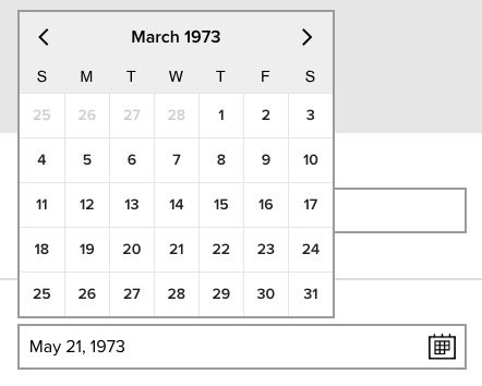 date of birth widget, showing the date