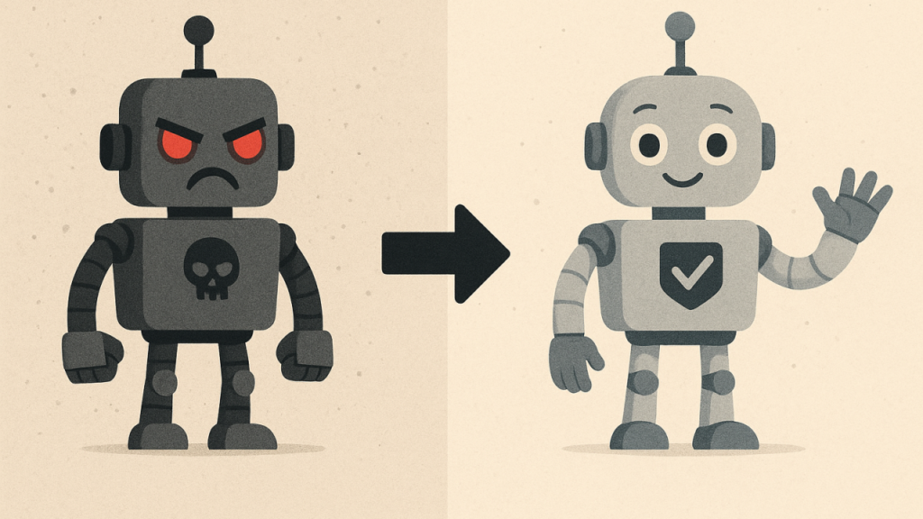 An image showing two robots and the transition from threatening to friendly - Generated by ChatGPT