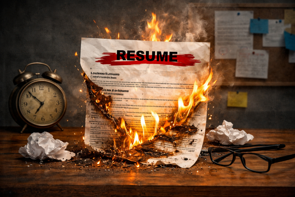 Old burning resume image with a dated alarm clock in the background - Generated by ChatGPT