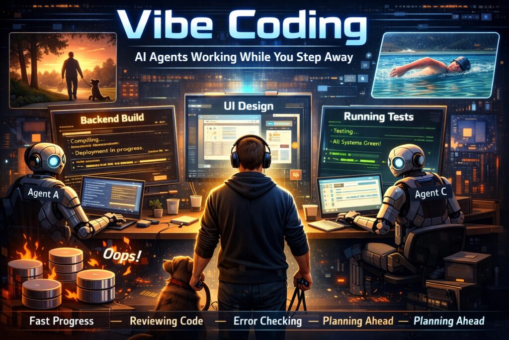 Image showing a programmer managing multiple AI agents vibe coding and writing software - Generated by ChatGPT