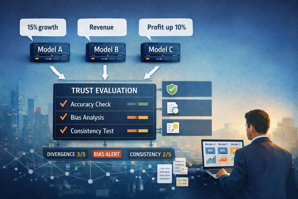 Comparing AI models for trust evaluation, showing structured model comparison and output analysis